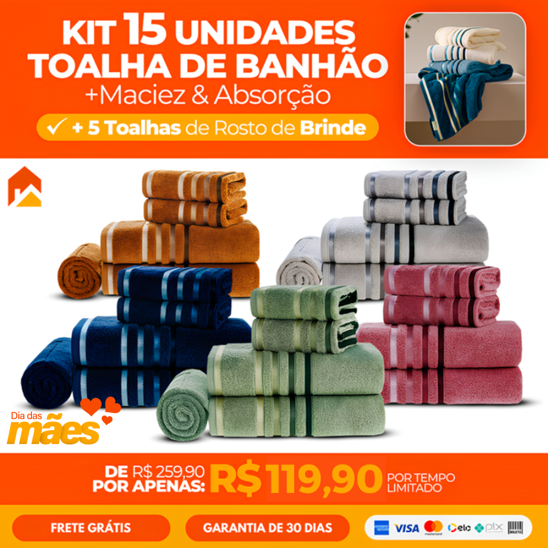 Kit com 15 Toalhas de Banhão + 5 Toalhas de Rosto de Brinde