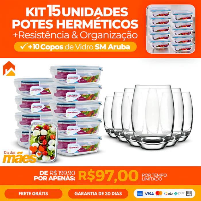 Kit com 15 Potes Herméticos de Vidro + 10 Copos de Brinde