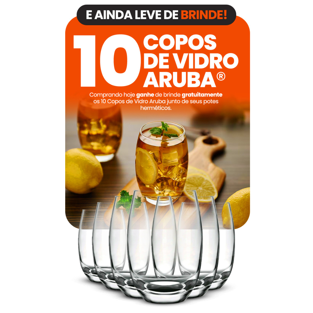 Kit com 15 Potes Herméticos de Vidro + 10 Copos de Brinde